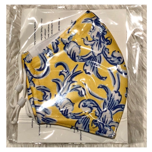 TORY BURCH Yellow Blue Floral Print Face Mask NIP - Picture 3 of 5